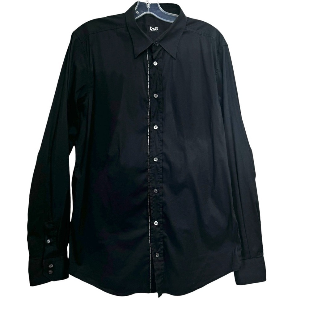D & G Dolce & Gabbana Logo Cotton Trim Button Top Shirt Long Sleeve Black 54